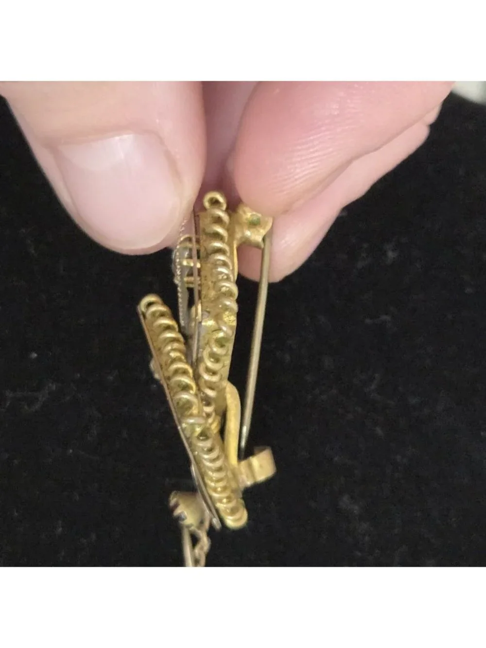 Antique Victorian Gilt Brass Brooch Paste Stones & Red Glass, Added Safety Chain